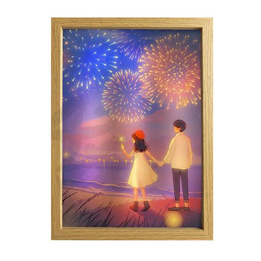 Couples Watching Fireworks by the Beach Light Painting Art Table Lamp Niht Light